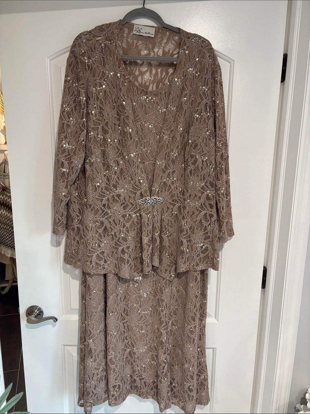 Embellished Lace Two-Piece Dress in Taupe